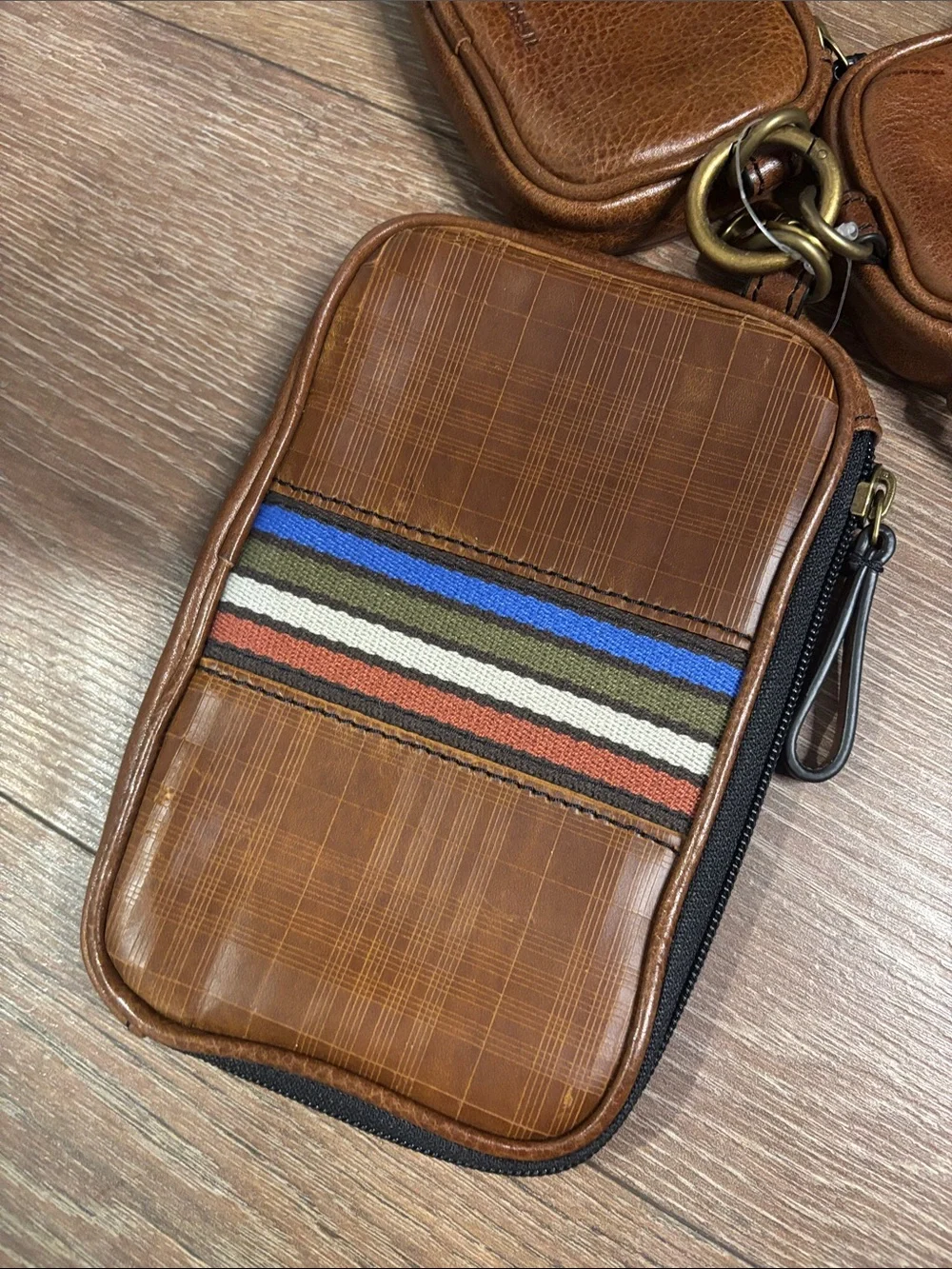 Fossil Brown Leather triple pouch set Organizer with Striped Accent